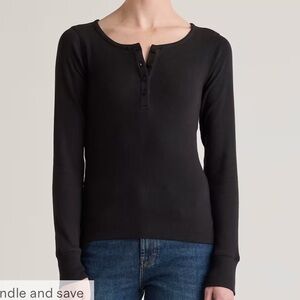 Quince Black Organic Cotton Micro Rib Henley Long Sleeve Top